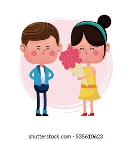 girl with bucket flowers and boy