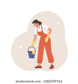 girl with a bucket and rag. Girl cleaning illustration
