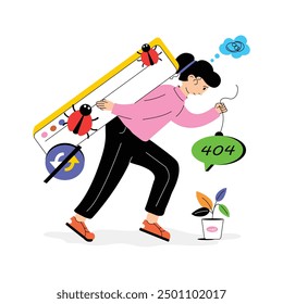 Girl with bugs and 404 error shows a flat illustration of website error
