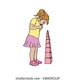 girl build the pink tower, montessori child  stand and think