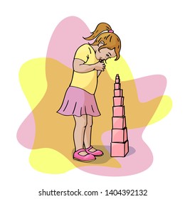 girl build the pink tower, montessori child  stand and think