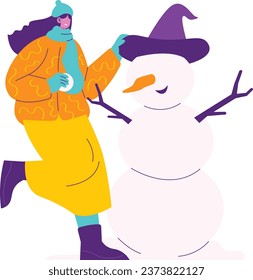 Girl Build Snowman Winter Holiday