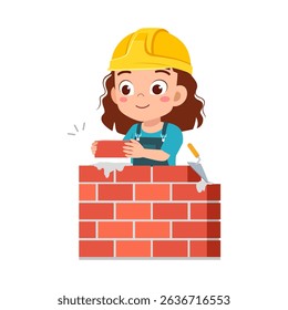 Girl Building a Brick Wall with Trowel Wearing Hard Hat Smiling Illustration
