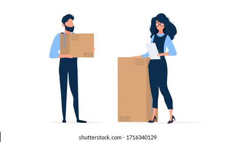 The girl in building overalls holds a sheet of paper in her hands. Loader holds a cardboard box. Isolated. Vector.