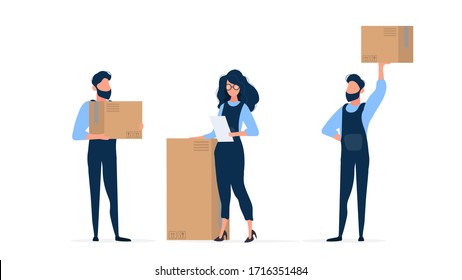 The girl in building overalls holds a sheet of paper in her hands. Loader holds a cardboard box. Isolated. Vector. - Powered by Shutterstock - Get 15% off with code: PIKWIZARD15