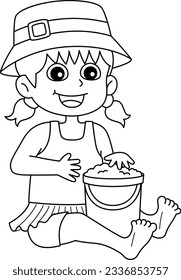 Girl Building Sandcastle Summer Isolated Coloring