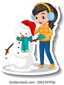 Girl building a snowman cartoon sticker illustration