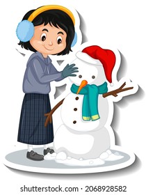 Girl building a snowman cartoon sticker illustration