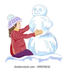 girl is building a snowman. vector illustration. element for your designs, posters, banners, etrc.