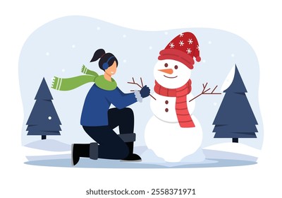 A girl building snowman winter scene snowy landscape. Playing snowman in winter Illustration. Winter fun activity.