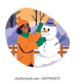 Uma menina construindo boneco de neve nos invernos, ilustração de estilo plano