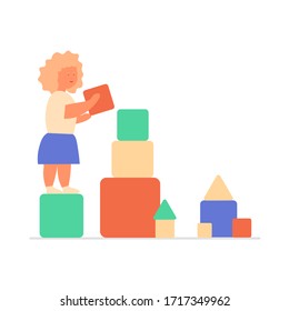 Girl builds a building with colorful cubes and triangles. Child are playing. Cartoon vector illustration on white background
