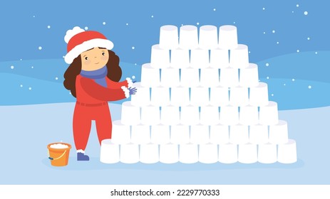 A girl builds a pyramid from snowy apiaries in winter