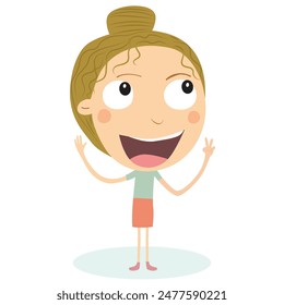 Girl with bun hair showing ok gesture cartoon character. Sign language, gesticulation, peace gesture. Vector illustration.