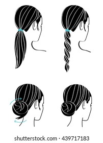 Girl bun Hairstyle Line drawing. Woman up do hairstyle Step by steps. 