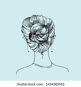 girl with a bun on her head. nape of girl with hairstyle. vector linear