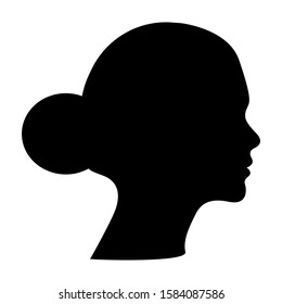 Girl with a bun on her head, silhouette isolated on a white background. Head of a woman symbol, vector stock illustration