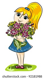 The girl with a bunch of flowers. Cartoon vector illustration.