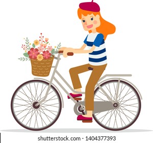 girl with bunch of flowers riding a bike