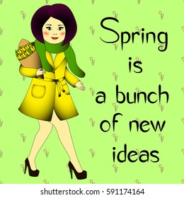 Girl with bunch of yellow tulips. Vector illustration