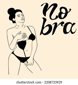 girl with bundle on her head stands in swimsuit and takes it off, stops wearing bra. handwritten inscription is No bara, in black.  October 13 - international braless. Prevention of breast cancer.