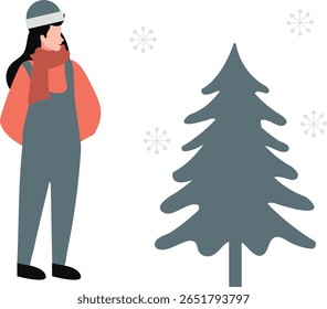 A girl bundled in cozy winter attire joyfully embraces falling snowflakes, her face illuminated by wonder and happiness.
