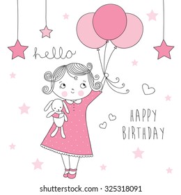 girl with bunny and balloon vector illustration