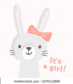 Girl bunny character with a pink bow. Cute vector rabbit character. Funny smiling animal face. Illustration for baby shower invitation, greeting card, birthday party, nursery art poster. It's a girl.