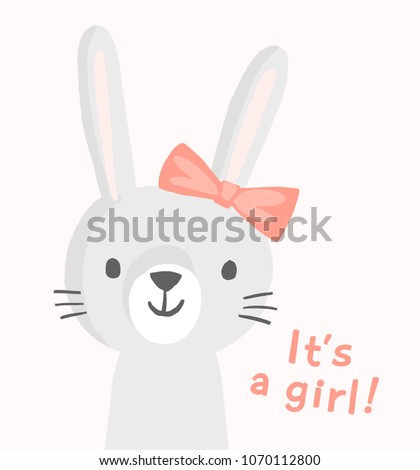 Girl bunny character with a pink bow. Cute vector rabbit character. Funny smiling animal face. Illustration for baby shower invitation, greeting card, birthday party, nursery art poster. It's a girl.