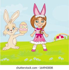 girl in bunny costume and sweet Easter Bunny