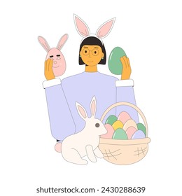 Girl in bunny ears with eggs and rabbit. Celebration spring holiday. Vector flat illustration.