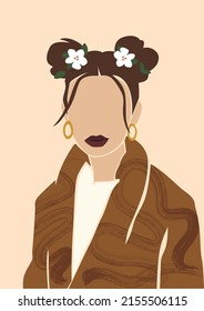 Girl with buns on head abstract portrait. Boho woman art. 