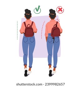 Una Chica Encargada De Una Mochila, Muestra Posturas Inapropiadas Y Adecuadas. En Uno, Lleva Bolsa en un hombro, mientras que en el otro, se mantiene erguido con una distribución equilibrada del peso. Ilustración vectorial