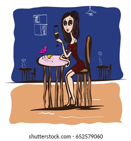 Girl in burgundy dress and little bird in cafe sipping wine