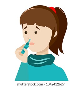 The girl buries drops from a cold in her nose