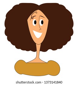 A girl with bushy brown curly short hair wearing a dress with a smile on her face vector color drawing or illustration 
