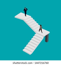 Girl in a business suit climbs the stairs to the head. Isometric. Vector illustration.