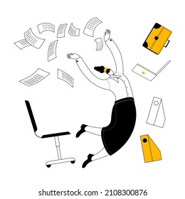 A Girl In A Business Suit Is Flying Among Office Supplies And Papers. Vector Illustration In Contour Style On The Theme Of Work In The Office.