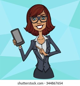 Girl in business suit showing a smartphone screen. Presentation of a mobile application, startup or a website on a smartphone screen. Businesswoman standing and shows the screen of a mobile phone