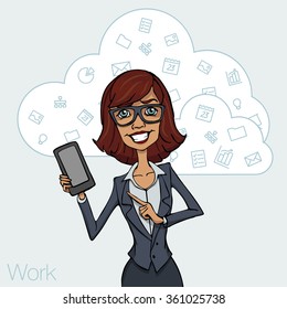 Girl in business suit shows your smartphone screen. Cloud technology for mobile phones. Mock up for the presentation of mobile app. Social networking, media, technologies, trends. Vector illustration