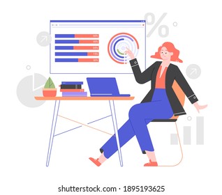 Girl in a business suit is sitting at a laptop. Graphs and chart. Company or personal financial analysis. Economist at work. Online banking, trading. Financial reporting presentation.Vector flat.