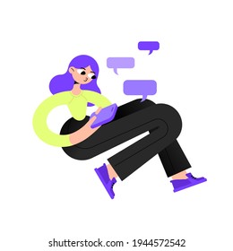 A girl in business trousers and a long sleeve is texting in a smartphone chat next to the bubble. Remote work in the office or freelance. Flat bright vector illustration.