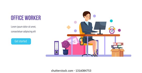 Girl is businesswoman, office worker, sitting at workplace near computer, working in office room. Employee desk with documents and office supplies. Vector illustration.