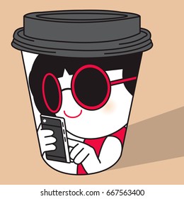 Girl Is Busy With Her Mobile Cell Phone On A Cup Of Coffee Character illustration