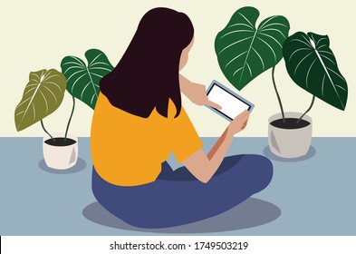 girl busy playing games on her mobile phone vector illustration