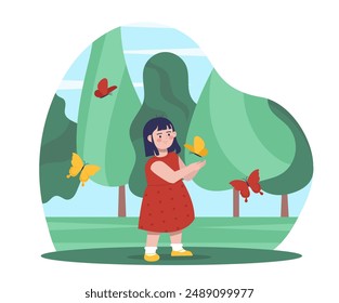 Girl with butterflies. Child in park on sunny day plays with red and yellow butterflies. Kid studies nature and fauna. Schoolgirl spending time at nature. Flat vector illustration