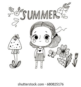 Girl and butterflies, flowers ,mushroom, inscription summer.Pattern for coloring book. 