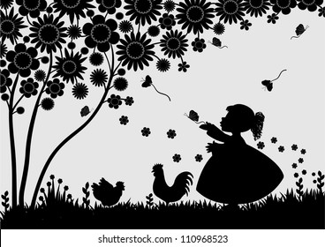Girl with butterflies in the garden