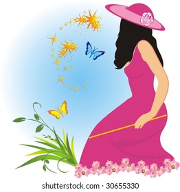 Girl and butterflies. Spring composition. Vector