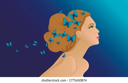Girl with butterflies.Blue butterfly. Natural makeup. Blue eyes. Flight of butterflies. Lots of butterflies. Beautiful woman.